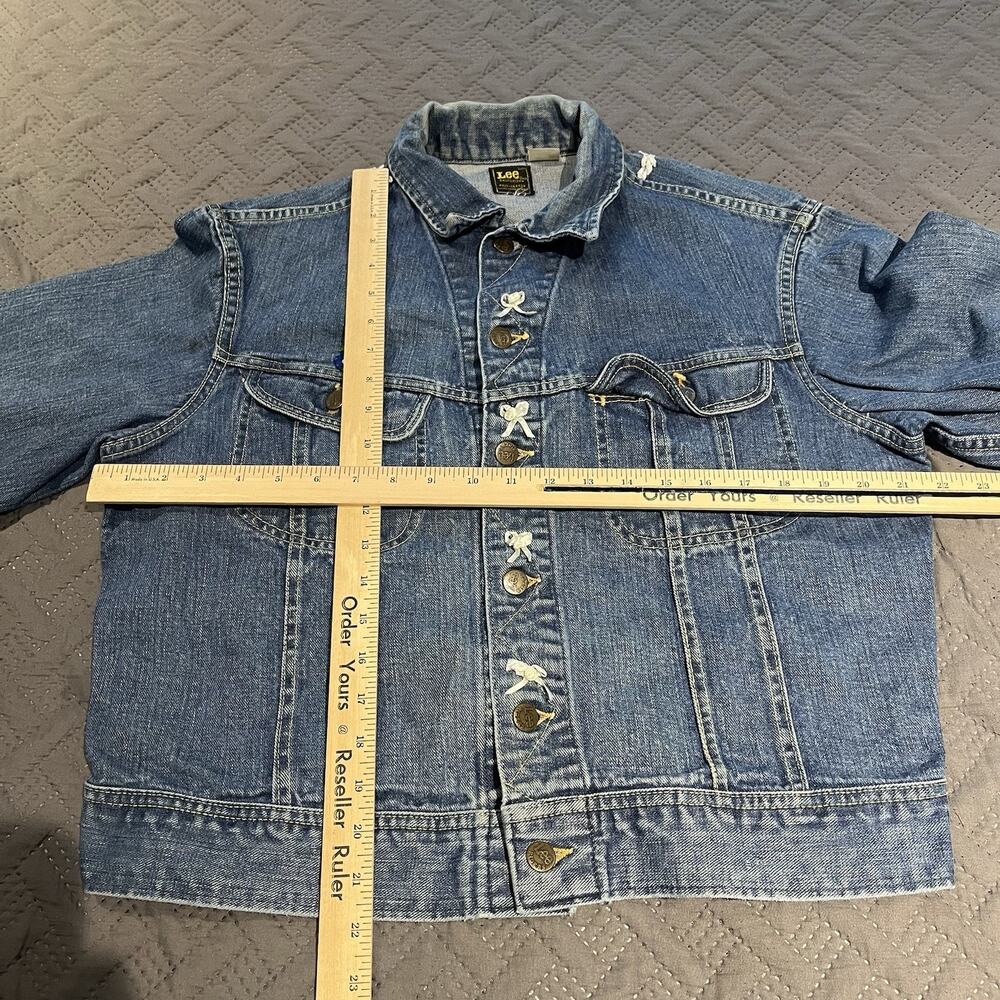 Vtg Lee Sanforized Women's M lace applique blue union made denim jacket - Picture 3 of 12